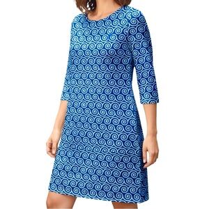 HiHo Dress Blue Swirly Wave Print Round Neck 3/4 Sleeves Pullover Sz L